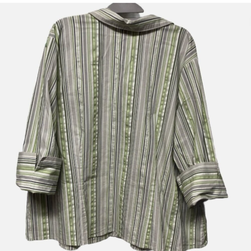 Studio 1940 Plus 26/28W Green Striped Button Shirt Women’s 3/4 Sleeve Top - Picture 3 of 7